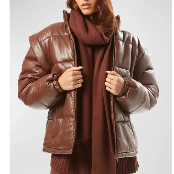 NWT We Wore What Snap-Off Sleeve Faux Leather Puffer Jacket Chocolate Brown XS - Image 2