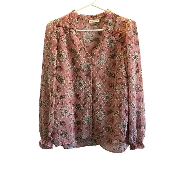 Studio B by Bobeau pink floral sheer blouse ruffle sleeves Medium - Image 2
