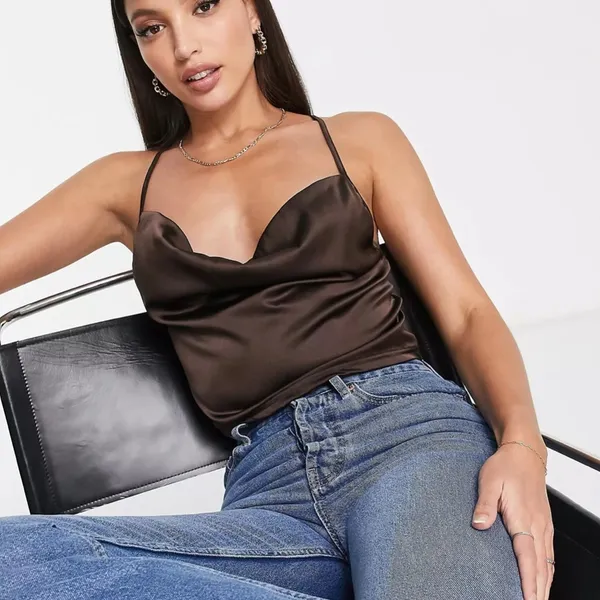 New Parisian satin cami strap top with‎ cowl neck in chocolate brown - Image 3