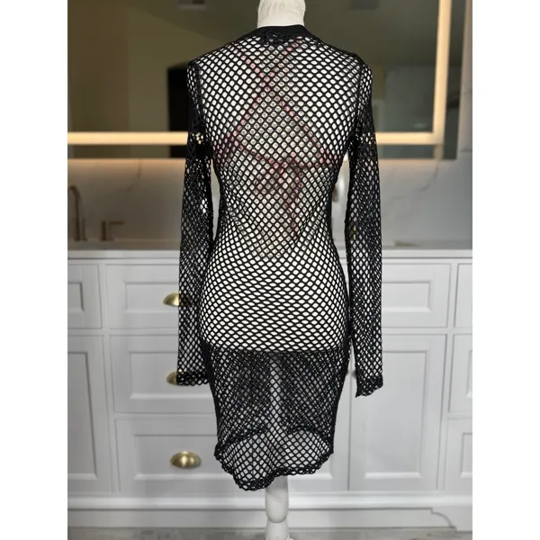 Hera Collection Fishnet Swim Cover Up Women S Black Long Sleeve Sheer Mesh Dress - Image 5