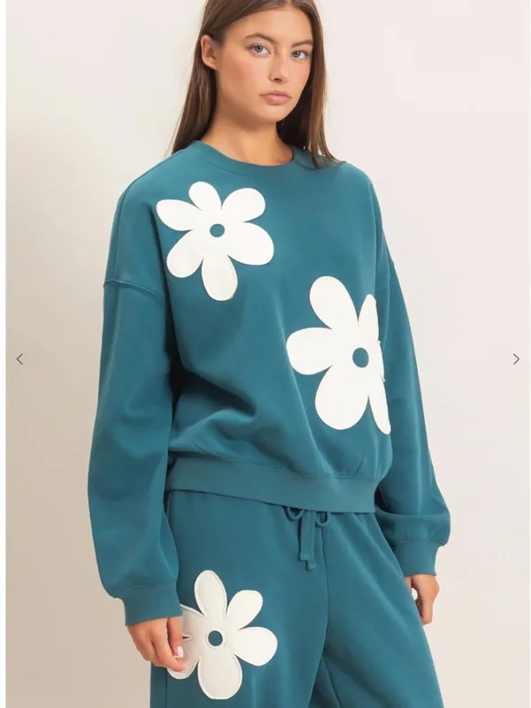 NEW Double Zero Teal Floral Appliqué Fleece Sweatshirt Jogger Set Medium - Image 5