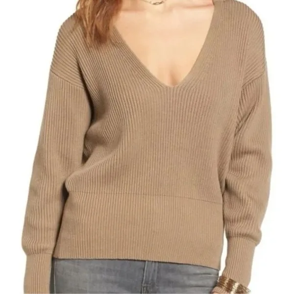 Free People Allure Tan V-Neck Oversized Sweater Ribbed Stretch Pullover Medium - Image 2