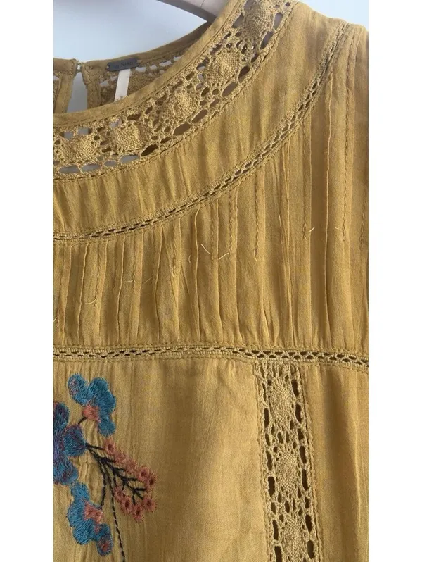 Free People Perfectly Victorian Dress S Mustard Embroidered Crochet Lace Boho - Image 8