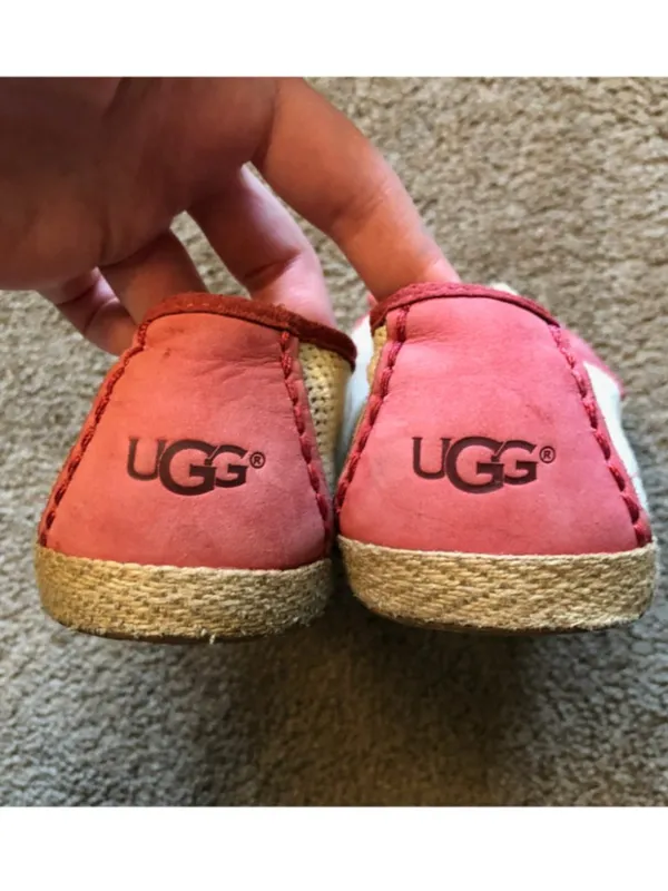 UGG Catrin Crochet Slip Ons Coral Red Pink Beige Espadrille LEATHER Flats US 8 - Image 12