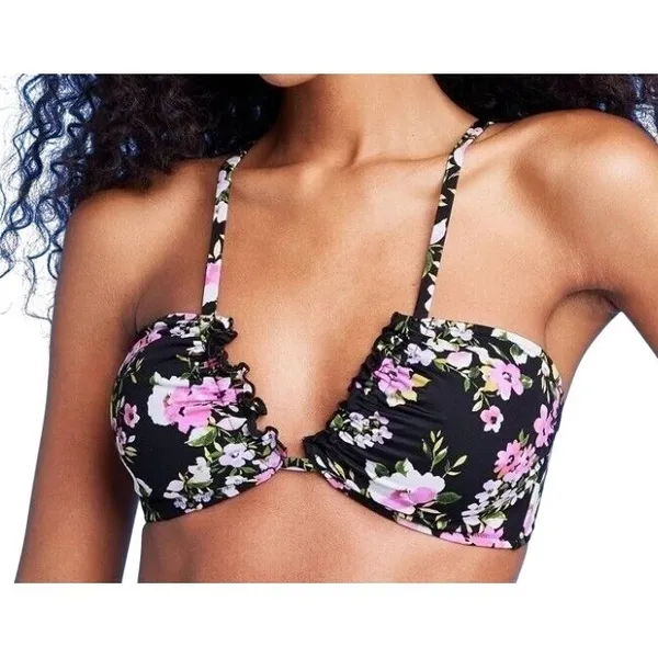 Shade & Shore‎ Womens Floral Bikini Set Black Pink Ruffle Edge Coquette Medium - Image 2