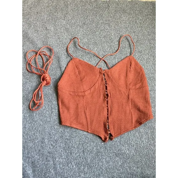 Women's‎ Vintage Style Bandage Lace-Up Crop Top Backless Cami Brown Size S New - Image 3