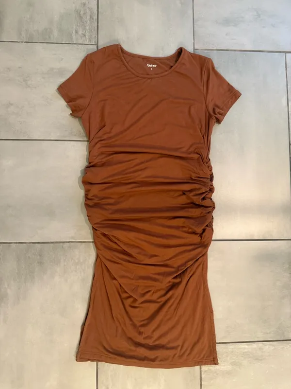 Quince Tensel Ruched Side Slit Short Sleeve T-shirt Midi Dress in Brown - Image 2