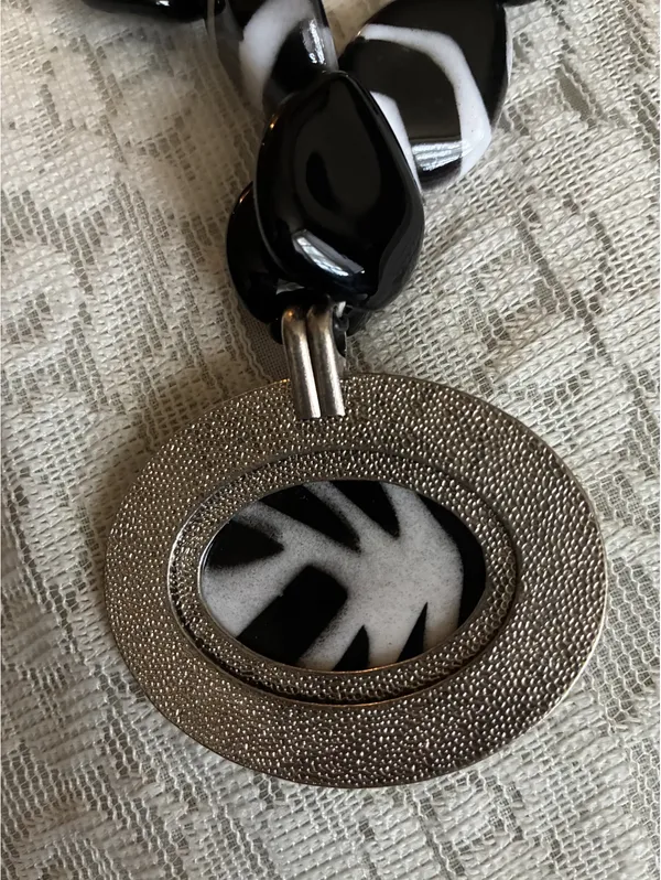 Chunky Black & White Zebra Print Statement Necklace – Large Oval Pendant 20-23” - Image 3