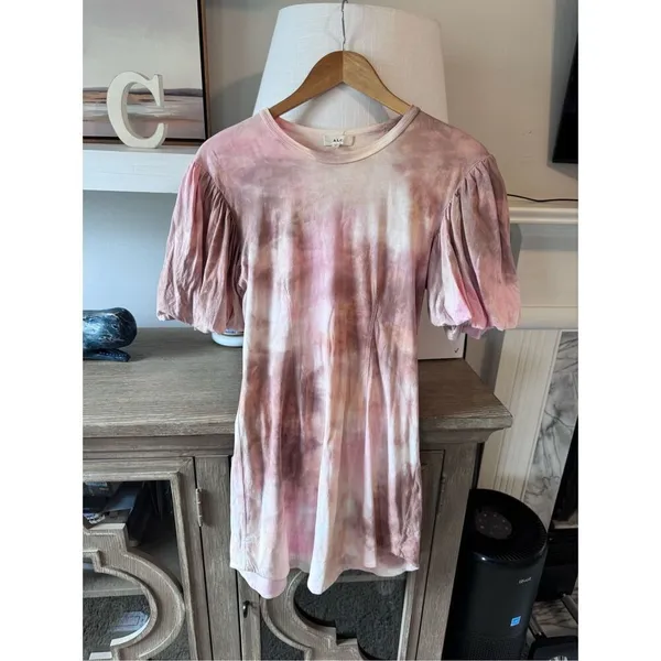 ALC Frank Tie Dye Puff Sleeve Mini Dress Womens Pink Brown Size S (T1)‎ - Image 2