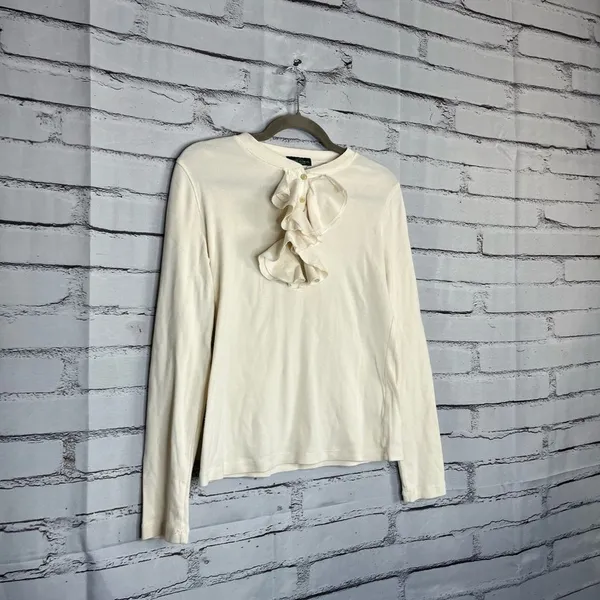 Lauren Jeans Co Ruffle Front ¼-Button Long Sleeve White Top Preppy M Blouse Y2K - Image 2