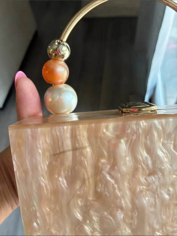 Lulu's Pearlescent Pink Acrylic Box Clutch with Gold Ring Handle - Image 12