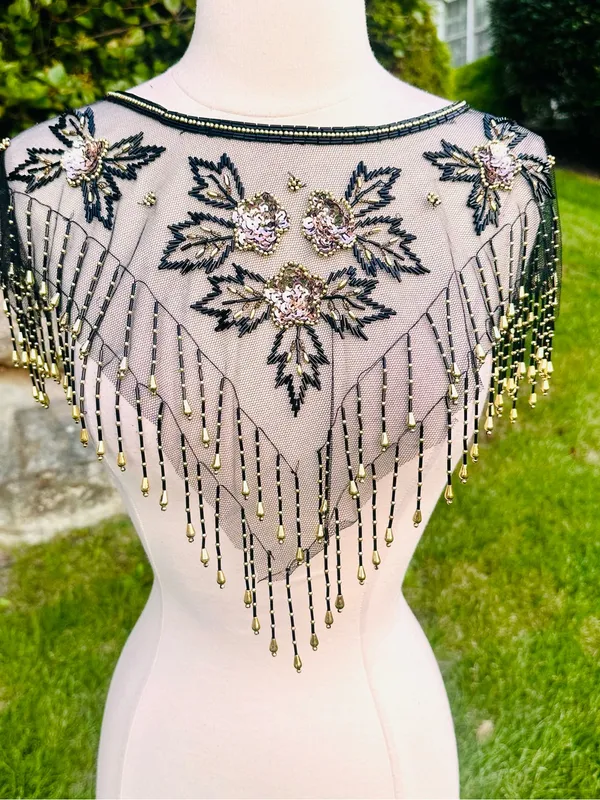 Fina Moda Vintage Beaded Black Mesh Caplet Collar Scarf with Fringe & Sequins - Image 10