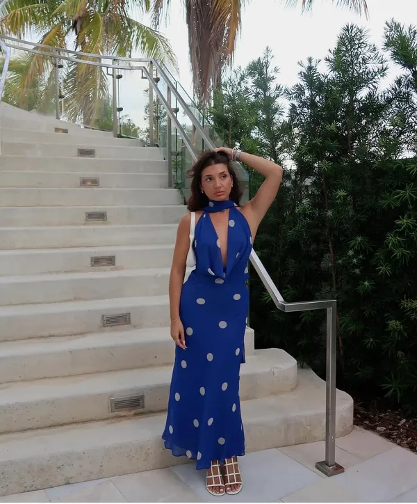 Zara Blue Polka Dot Halter Dress scarf open back maxi long evening party wedding - Image 7