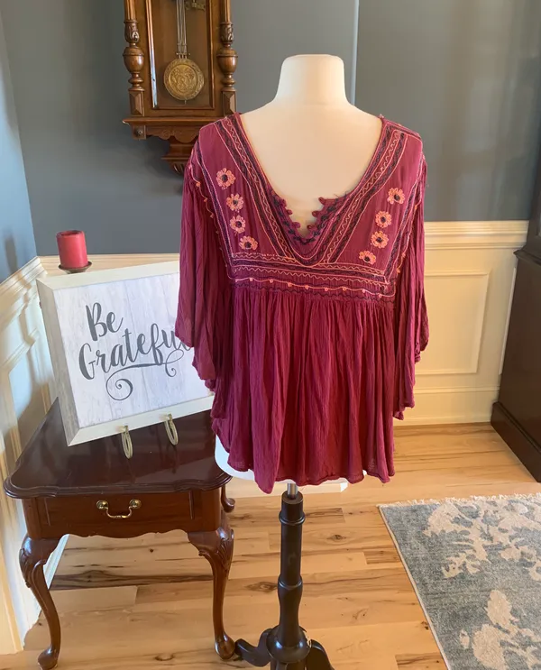 Flowy Maroon Hippie Top Embroidered Top Batwing Shirt Womens M Earthy - Image 4