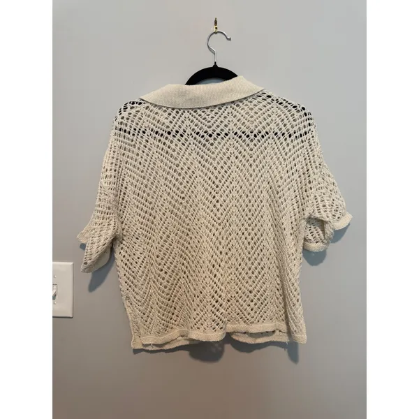 Cream Crochet Knit Button Down Short Sleeve Top Cardigan Collar Cream - Image 2