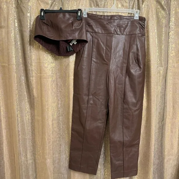 Free People Walnut Brown Faux Leather Pants Bandeau Set Size 8 NWOT - Image 2