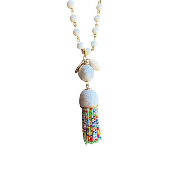 Talbots Coastal Tassel Necklace White Beads Cowrie Shell Beach Resort Boho - Image 6