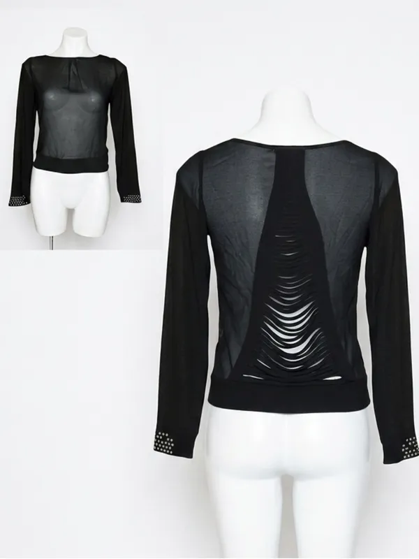 Do Be Black Sheer Mesh Long Sleeve Slashed Shredded Back Studded Cuff Top Small - Image 2