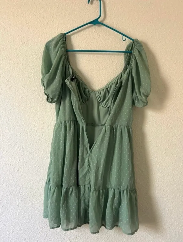 Trixxi Sage Green Puff Sleeve Swiss Dot Mini Dress M Cottagecore Summer - Image 6
