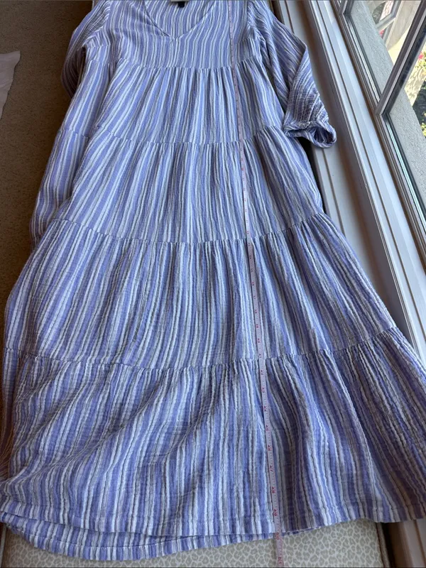 New Universal Thread Blue & White Striped Long Sleeve V-Neck Tiered Maxi Dress S - Image 11