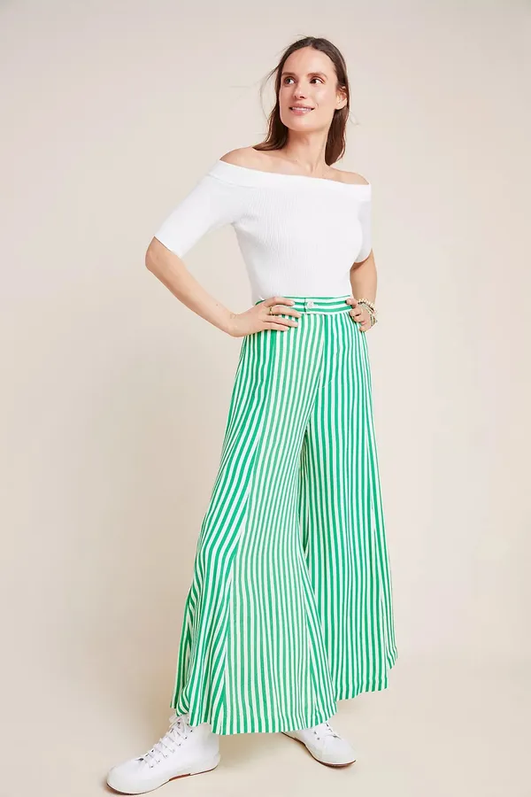 NWOT Anthropologie Mackenzie Striped Extra Wide Green/White Gaucho Crop Pants Sz 10 - Image 2