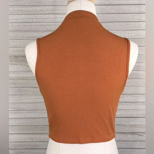 Stretchy Ribbed Cropped High Neck Sleeveless Tank Top Rust-Large - Image 2