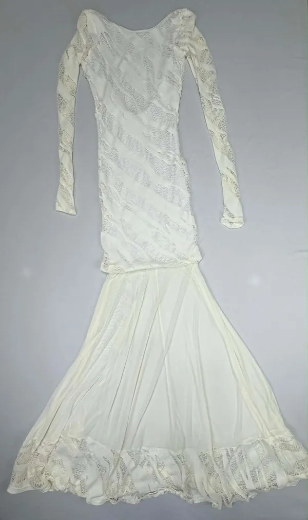 Auditions White Textures Mesh Long Sleeve Maxi Gown with Low Back and Lace Hem D - Image 5