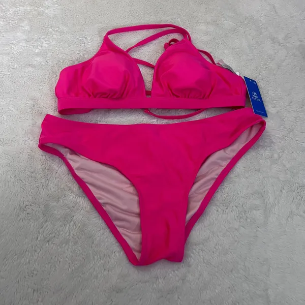 Cupshe Womens Neon Pink Triangle Bikini Set Crisscross Back Size Medium NWT‎ - Image 2