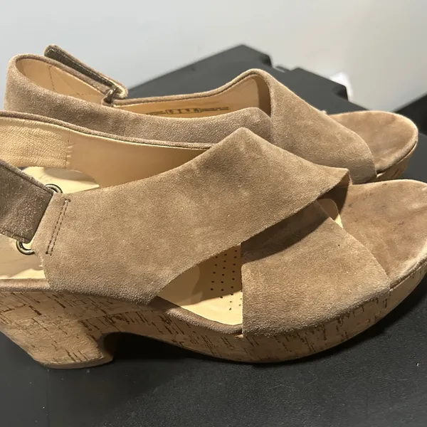 Clarks  Tan Suede Wedge Sandals - Image 3