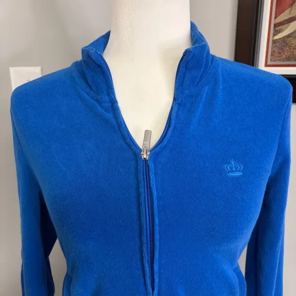 Juicy by Juicy Couture Blue Velour Zip Up Track Jacket Small Embroidered Crown - Image 2