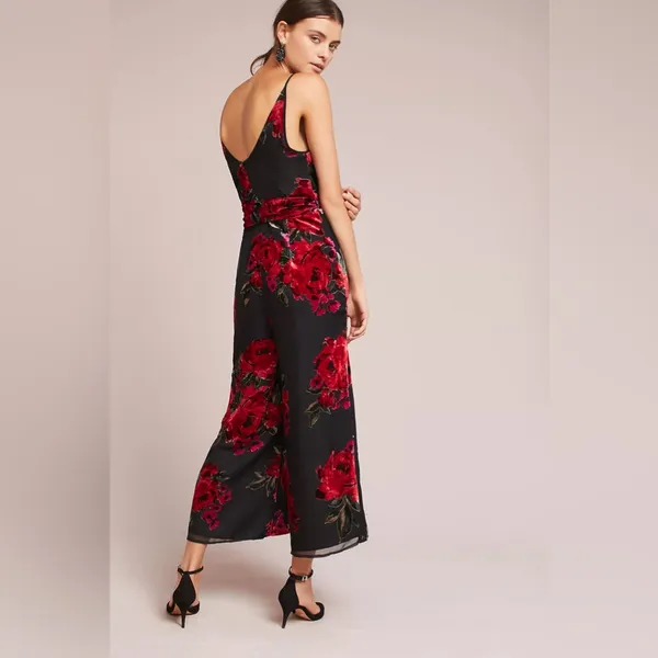 Anthropologie Ettwa Burnout Velvet Jumpsuit Black Red Floral Wide Leg‎ small - Image 3