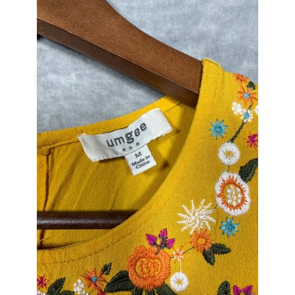 Umgee Womens M Mustard Yellow Embroidered‎ Floral Dress Casual Boho Chic - Image 2