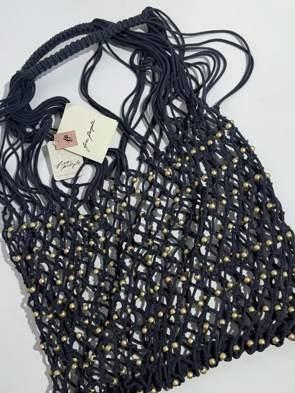 NWT Free People Navy Macramé Tote with Gold Bead Accents - Image 8