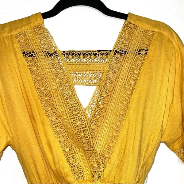 Altar’d State Crochet Wrap Mini Dress Yellow Belted V-neck - Image 8