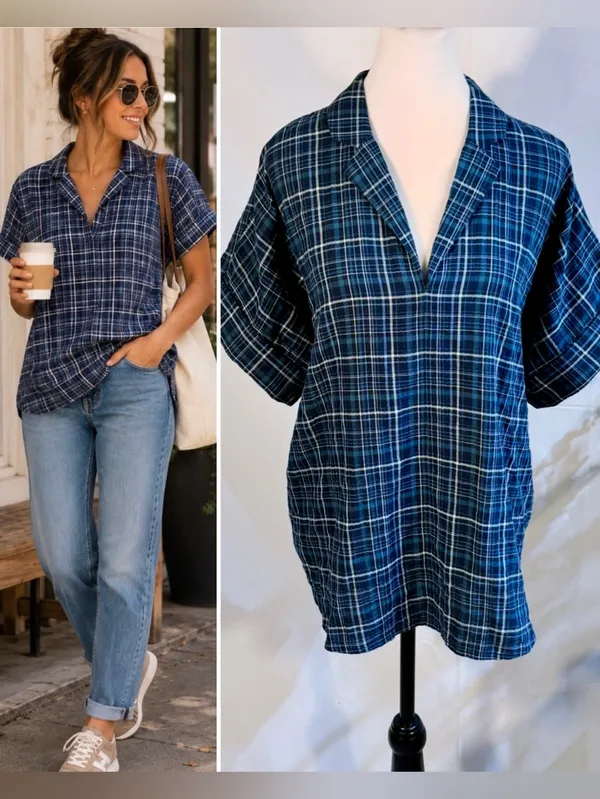 ☀️NWT Madewell Swenson Popover Shirt Morehead Plaid Deep Indigo Sz Large🧡 - Image 2
