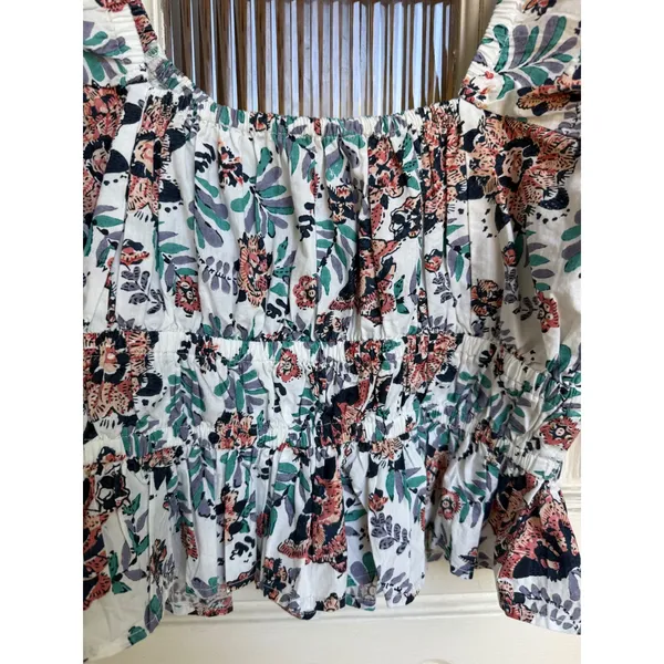 Cleobella Womens Floral Smocked Peplum Puff Sleeve Top White Multi Size Small - Image 6