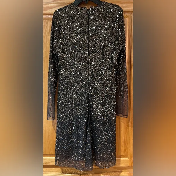 French Connection Emille Sparkle Black & Gold‎ Sequined Dress Sheer Sleeves Sz 4 - Image 9