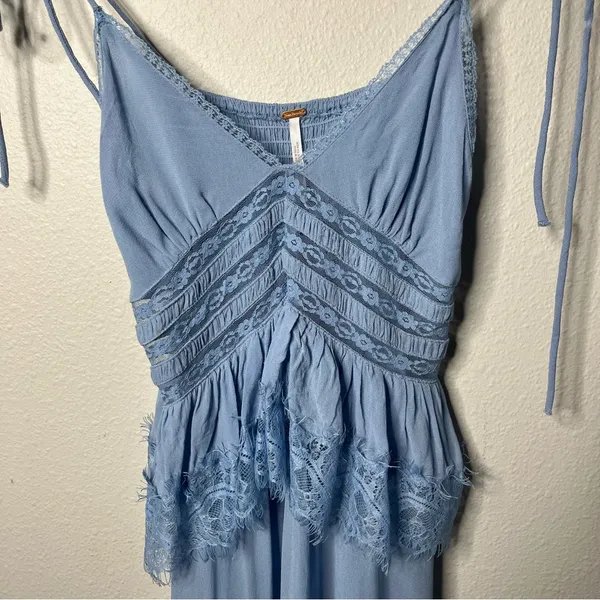 Free People Baby Blue Romantic Sheer Lace Peplum Babydoll Kiki Midi Slip Dress - Image 7