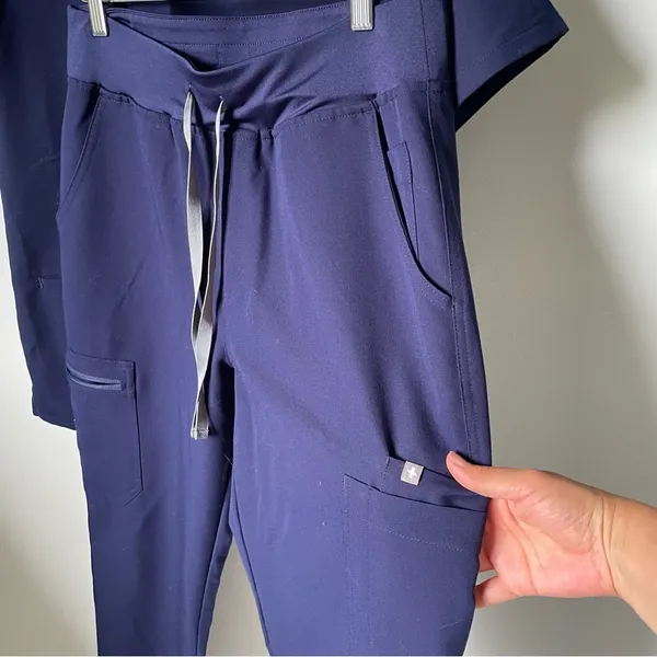 Figs Navy Blue Scrub Set-High Waisted Down Scrub Pants and Top - Image 4