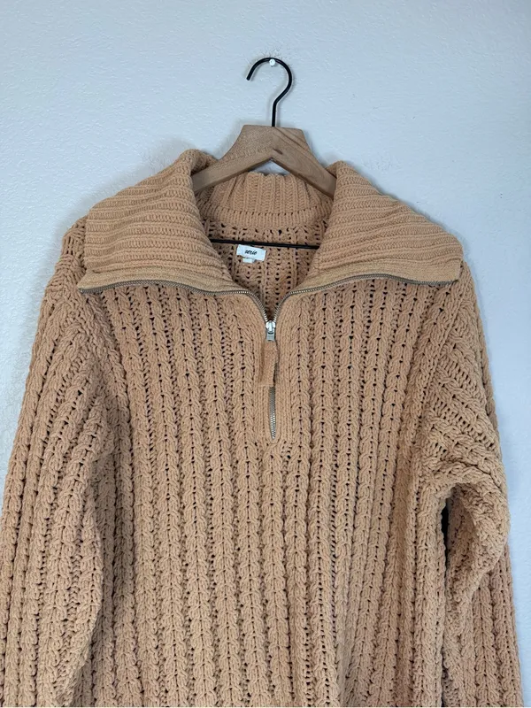 Aerie Cable Car Knit Quarter Zip Pullover Sweater Warm Camel size Medium $98 - Image 7