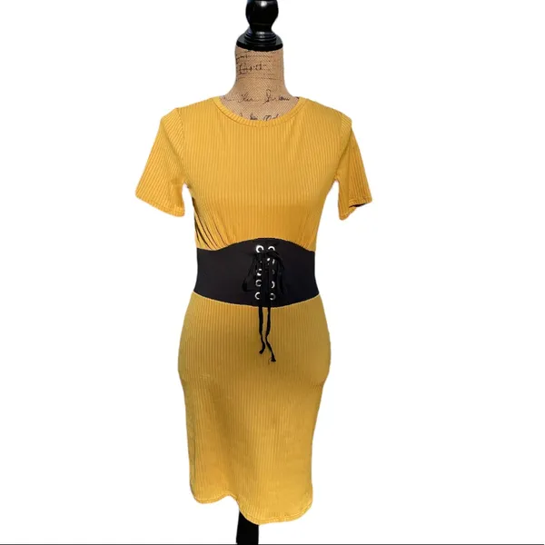 Timing Mustard Yellow Dress with Black Belt Built-In - Image 2