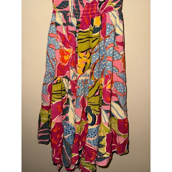 Angie Tropical Floral Smock Mini Dress S Multi Color Tier Boho Sundress vacation beach - Image 3