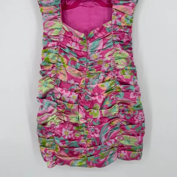 For Love and Lemons‎ Julien Cami Mini Dress XS Pink Floral Ruched Bodycon Cutout - Image 9