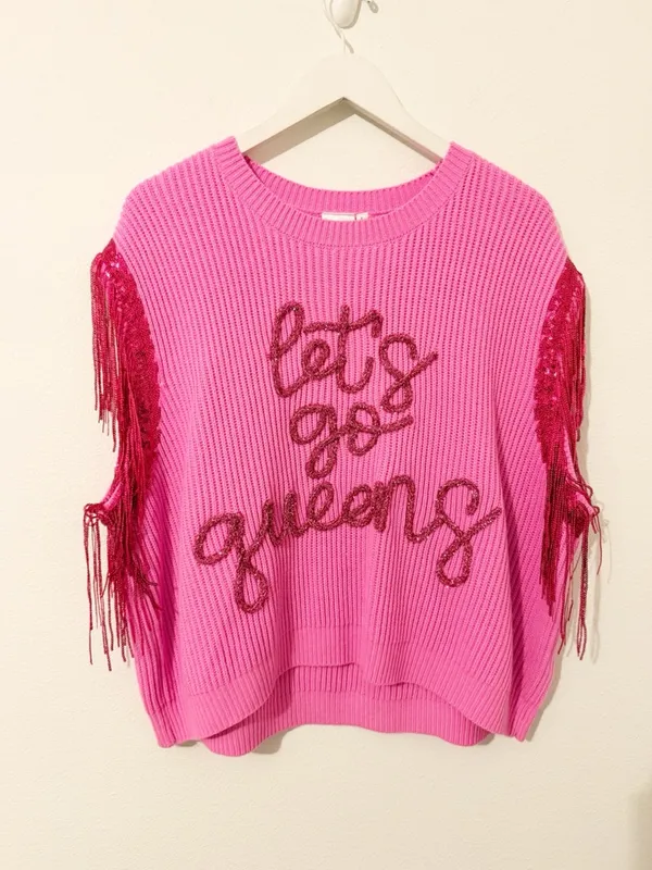 NWT Queen of Sparkles Let's Go Queen Pink Fringe Knit Top Size Large L * - Image 2