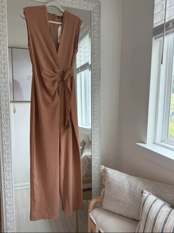 Zara Sleeveless V-Neck Jumpsuit with Side Knot in Camel Brown - Image 7