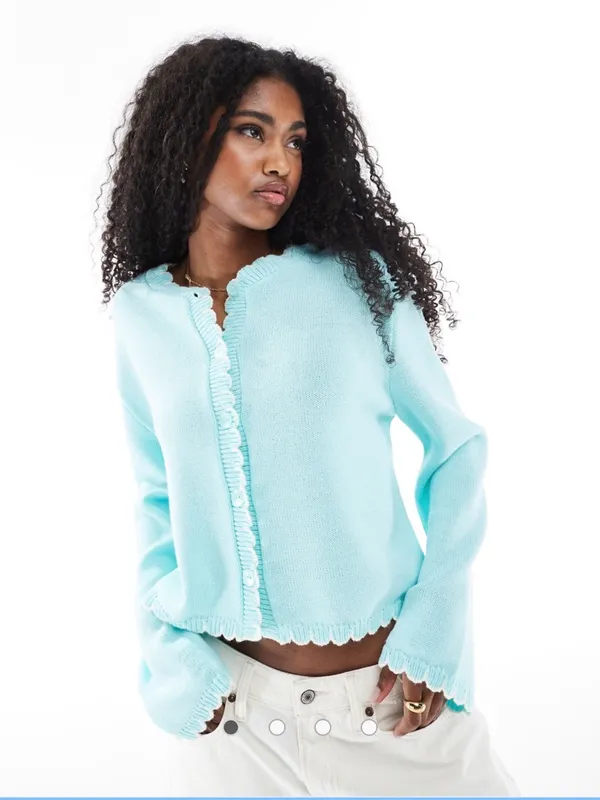 Scallop Edge Cropped Cardigan Sweater - Light Aqua - Image 2