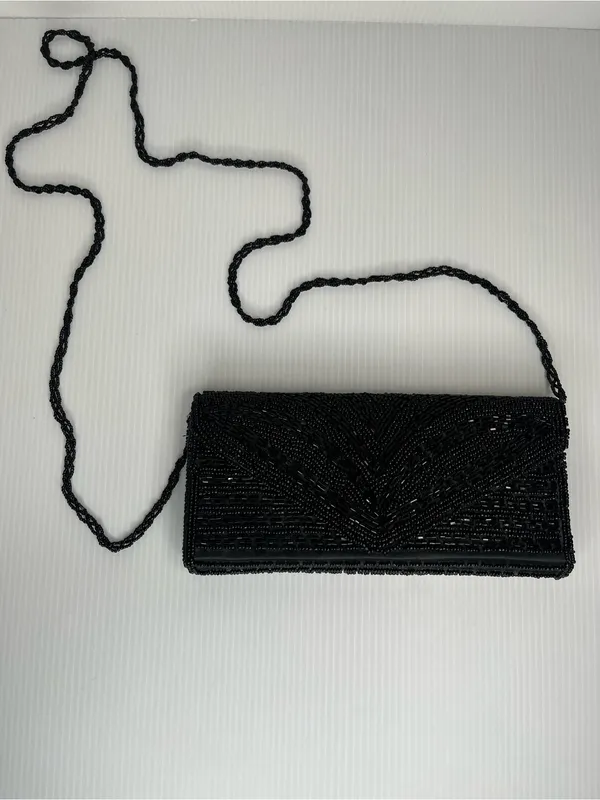 Vintage Y2K Black Beaded Clutch Handbag Purse Formal Geometric Art Deco Glam - Image 3