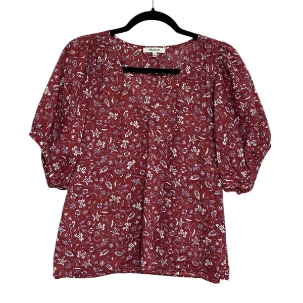 Madewell 100% Cotton V-Neck Puff Sleeve Top in Batik Vine Floral - Size S - Image 2