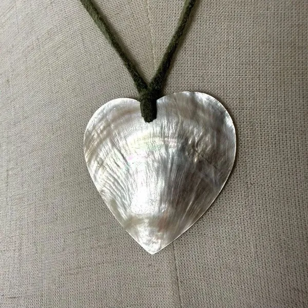 abalone heart pendant necklace on green cord - Image 2