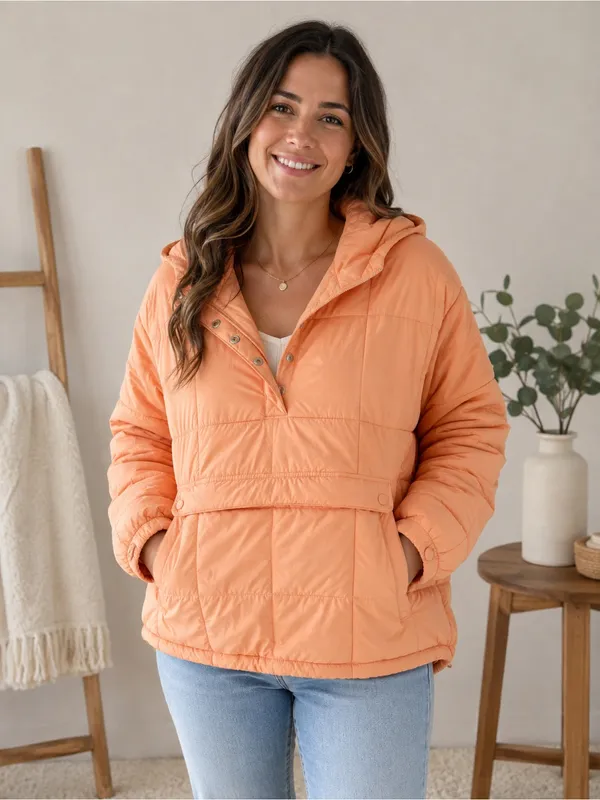 Women's Lightweight Hooded Puffer Jacket - Peach - Image 3